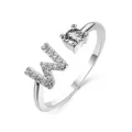 Adjustable silver ring with letter W and sparkling cubic zirconia stone for women - Letter W / Platinum