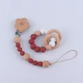 Baby pacifier chain and wooden teether ring set with silicone beads and floral clip - Brick Red (Pacifier Clip And Teether Ring)