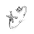 Silver adjustable open ring with sparkling letter X and a single round cubic zirconia - Letter X / Platinum
