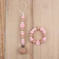 Pink silicone and wood teething toy set with rose flower beads and pacifier clip - Pink