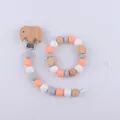 Baby pacifier clip and wooden elephant teether set with gray and orange silicone beads - Elephant Style