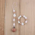 Detailed set of white silicone beads and wooden baby pacifier clip with flower pendant - White