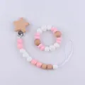 Pink and white silicone bead pacifier clip set with wooden star clip and matching ring - Star Style