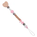 Pink bow pacifier clip with heart wooden clamp, silicone beads and BABY letter beads - Pink