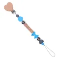 Blue silicone pacifier clip with heart wooden clamp and leopard print beads - Blue