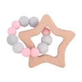 Star-shaped beech wood teether with pink and grey marble silicone beads bracelet - Pink