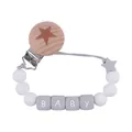 Attache-tétine en silicone gris et blanc avec clip en hêtre et perles alphabétiques BABY - Blanc