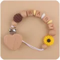 Silicone baby pacifier clip with beech wood heart and yellow sunflower charm - Yellow