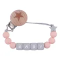 Attache tétine en silicone rose et gris avec clip en bois et perles de lettres BABY - Rose Clair
