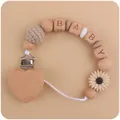 Daisy silicone beads and heart beechwood clip baby pacifier chain with BABY letters - Beige