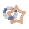 Star-shaped beech wood teether with dusty blue and marble grey silicone bead bracelet - Dark Blue