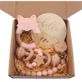 Pink fox silicone teether and wooden rattle gift set with pacifier chain in craft box - Light Pink