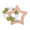 Baby star teether with beech wood ring and green white silicone beads bracelet - Avocado Green