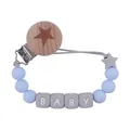 Attache-tétine en silicone bleu avec perles lettres baby et clip en bois étoile - Bleu clair