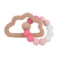 Cloud-shaped beech wood and silicone baby teether with pink and white beads - Pink Series