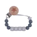 Attache-tétine en perles de silicone gris avec clip bois et perles alphabet BABY - Gris foncé