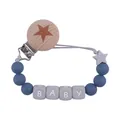 Attache-tétine bébé avec clip étoile en hêtre, perles silicone bleues et cubes lettres BABY - Bleu Encre