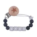 Attache-tétine pour bébé avec étoile en hêtre, perles bleues et lettres BABY grises - Noir