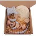 Gray silicone fox teether and beech wood rattle four-piece baby gift set in a box - Light Gray
