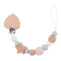 Mint green and beech wood baby pacifier chain with heart clip and crochet bead - Light Green