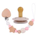 Attache-tétine en silicone rose et blanc avec clip en bois coeur et sucette jaune - Rose