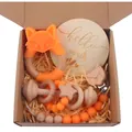 4-piece baby gift set with orange silicone fox teether, beech wood rattle and pacifier clip - Orange