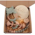 Sage green silicone fox teether set with wooden rattle and pacifier clip in a gift box - Sage Green