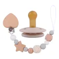 Kit sucette bébé en silicone beige avec attache en bois cœur et perles en tricot - Gris clair