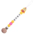 Baby pacifier clip with yellow silicone owl, letter beads and natural wood clip - Owl Yellow