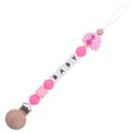 Pink peacock silicone baby pacifier clip with wooden beads and name block beads - Peacock Pink