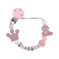 Pink silicone baby pacifier clip with cartoon monkey, crown, and baby letter beads - Dusty Pink