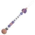 Purple silicone peacock baby pacifier clip with wooden beads and BABY letter design - Peacock Lilac Purple