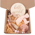 Baby gift set with star beechwood teether, pink headband, and pacifier clip in a kraft box - 6-Piece Set / Light Pink