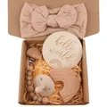 Infant gift set with dusty pink bow headband, silicone pacifier, and wooden rainbow teether - Khaki