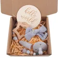 Baby gift set with star wooden teether, grey bow headband and pacifier chain in a box - 6-Piece Set / Gray
