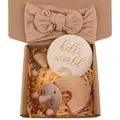 Five-piece baby gift set with rainbow wooden toy and knit bow headband in earth tones - Light Coffee