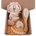 Baby gift set with cartoon lion plush, wooden brush, pacifier, and bead chain in a box - Lion