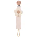 Pink cotton linen pacifier clip with corduroy flower and natural beech wood clip - Beige