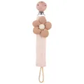Baby pacifier clip with pink cotton strap, beech wood clasp and corduroy flower - Light Coffee