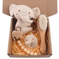 Baby gift set with cartoon elephant plush, wooden hairbrush, and silicone pacifier clip - Elephant
