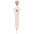 Pink cotton pacifier clip with white 3D flower and natural beech wood clamp - White