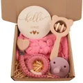 Set de regalo para bebé rosa con sonajero de oso, diadema de lazo y cadena de chupete - Rosa empolvado