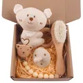 Beige teddy bear and wooden lion rattle gift set with pacifier clip and soft hair brush - Teddy Bear