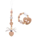Handmade baby pacifier clip and wooden teether set with cream silicone and knit beads - Light Beige Set