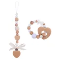 Infant pacifier clip and wooden heart teether set with white knit beads and bow detail - White Zirconia Set