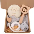Set de regalo para bebé con sonajero de oso, diadema gris y sujetachupetes en caja - Gris claro