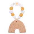 Rainbow beech wood and silicone bead baby teether ring with crochet accents - White