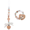 Infant pacifier clip and wooden heart teether set with green beads and silk bow - Light Green Set