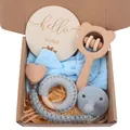 Set de regalo bebé con sonajero de oso, diadema azul y chupete de silicona en caja kraft - Azul