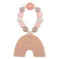 Rainbow beech wood baby teether with macaron silicone beads and crochet textures - Rose Pink